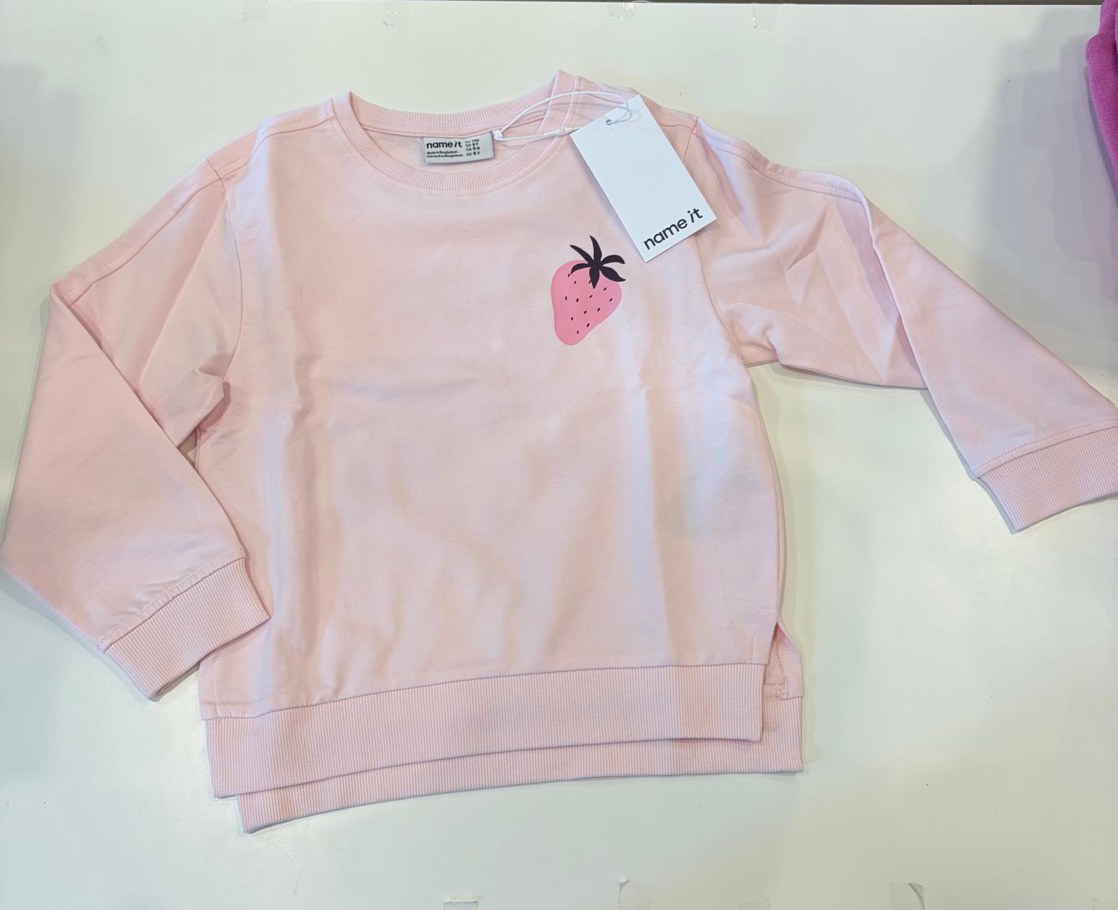 felpa in cotone garzato rosa con fragola